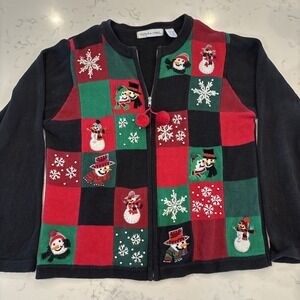 VICTORIA JONES Black Zip Front Snowmen Christmas Sweater Sz M Cardigan Patchwork